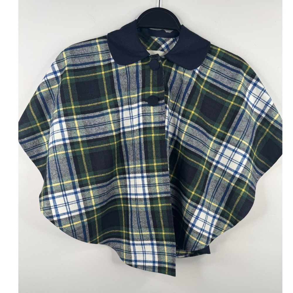 O'Neil of Dublin Plaid Wool Blend Capelet Green Navy Yellow Peter Pan Collar S